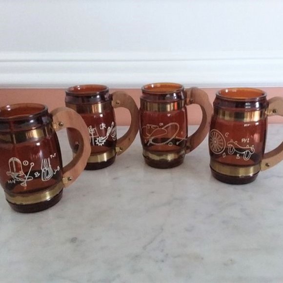 Siesta Ware Western Amber Glass Wood Mugs (4) Vtg